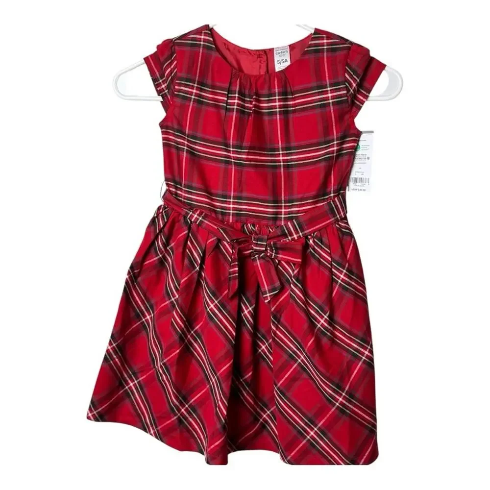 Carter's Girl's Holiday Print Short Sleeve Tie Belt Button Back Dress Sz 5  5 A